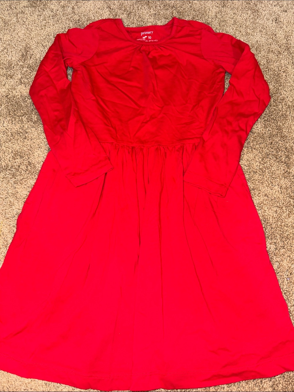 Primary Red Long-Sleeve Gathered-Waist Dress